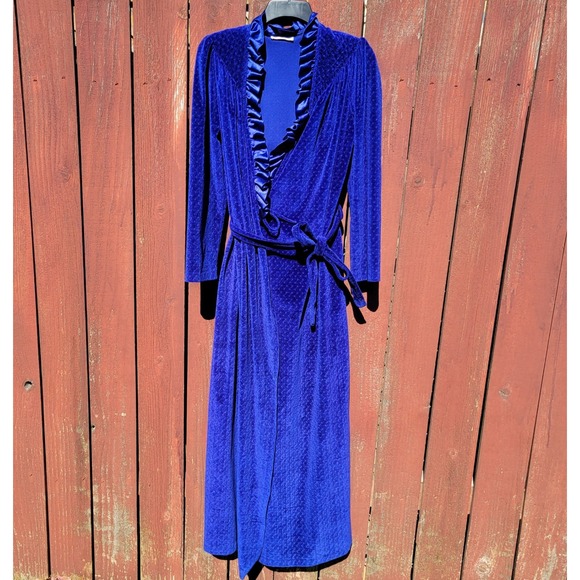 Say-lu Other - VTG Royal Blue Velour Ruffle Wrap Robe Long Textured Velvet Gown USA Whimsigoth